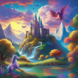 A magical fantasy landscape with towering castles, mythical creatures like dragons and unicorns, a dense enchanted forest, and a vibrant sunset sky