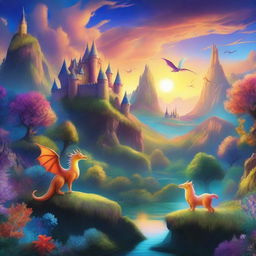 A magical fantasy landscape with towering castles, mythical creatures like dragons and unicorns, a dense enchanted forest, and a vibrant sunset sky