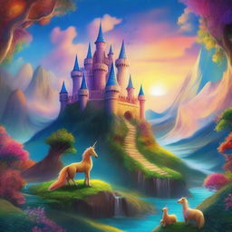 A magical fantasy landscape with towering castles, mythical creatures like dragons and unicorns, a dense enchanted forest, and a vibrant sunset sky