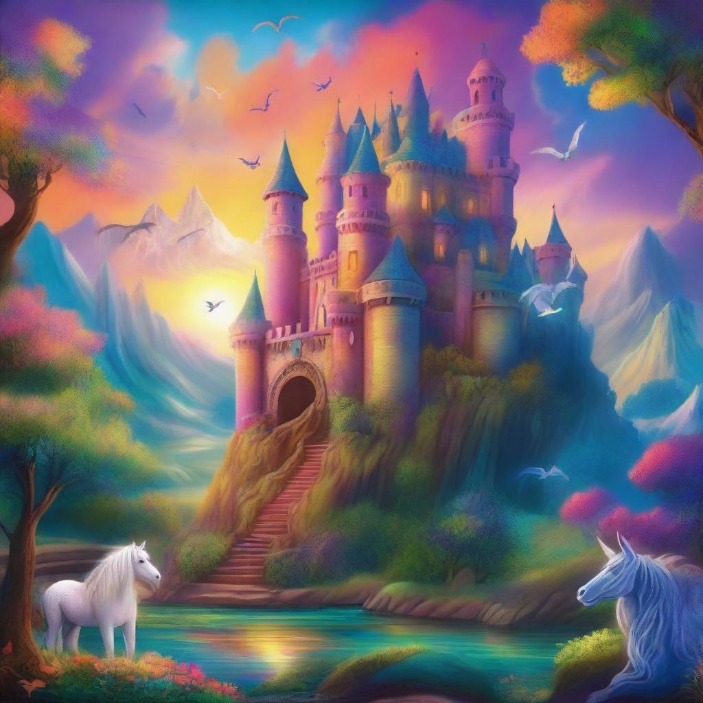 A magical fantasy landscape with towering castles, mythical creatures like dragons and unicorns, a dense enchanted forest, and a vibrant sunset sky