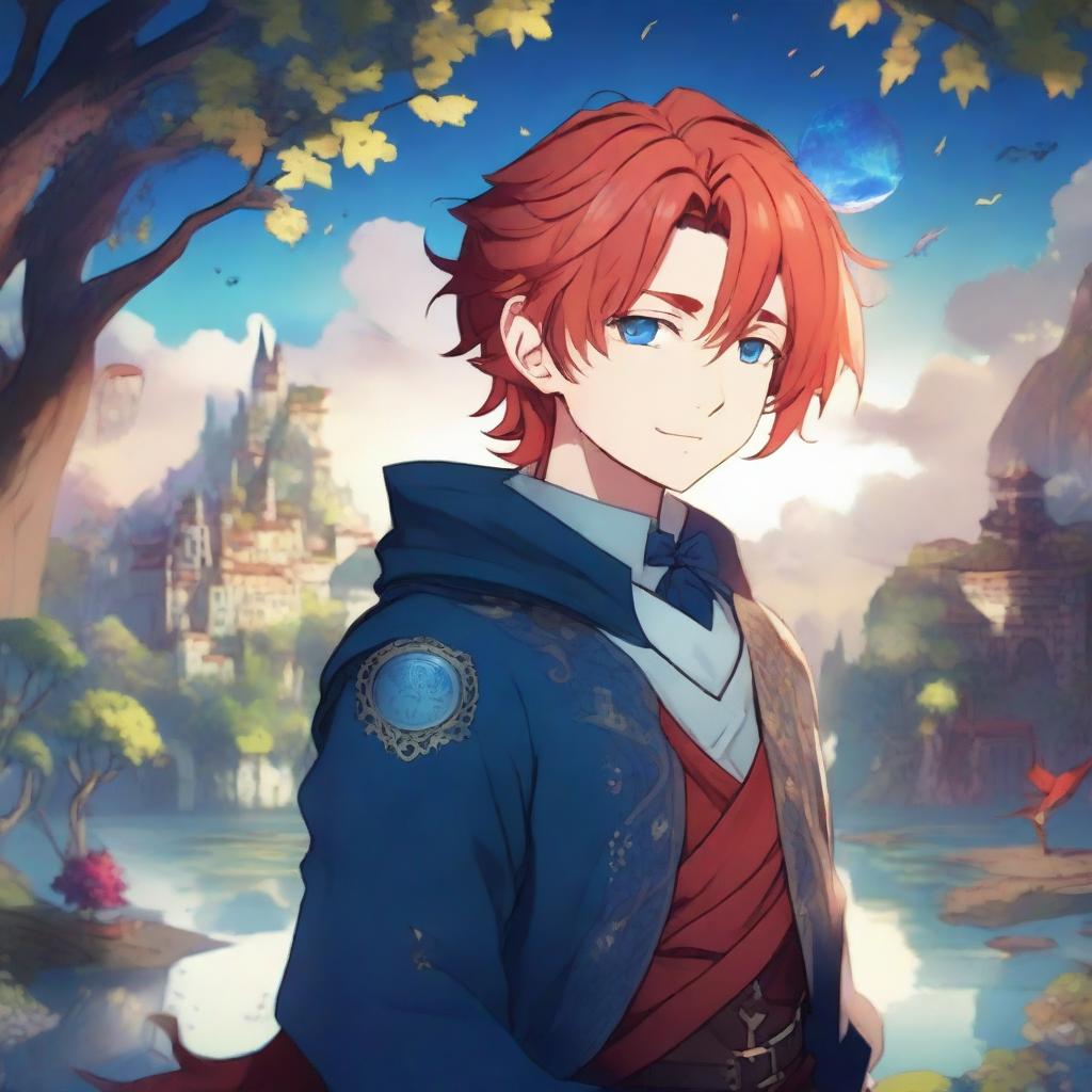 A fantasy anime boy with red hair featuring blue streaks