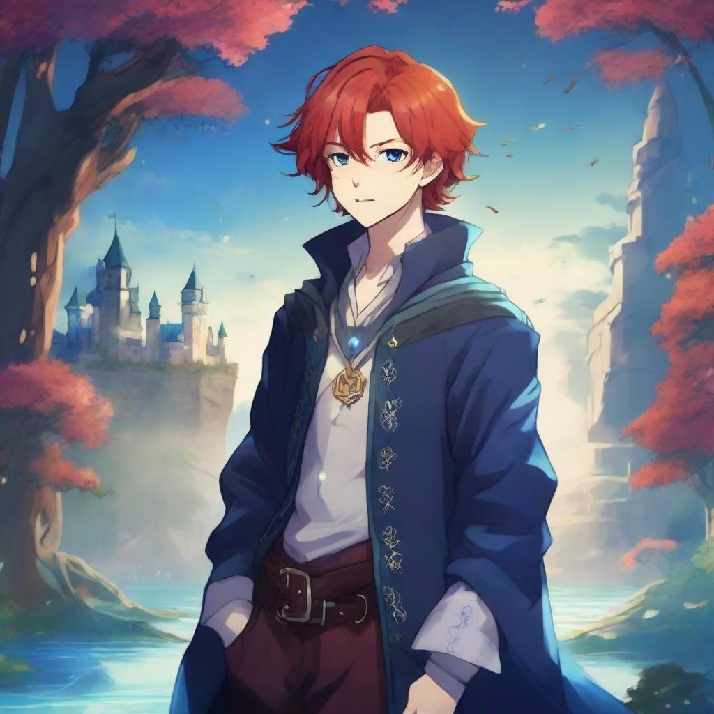 A fantasy anime boy with red hair featuring blue streaks