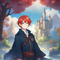 A fantasy anime boy with red hair featuring blue streaks