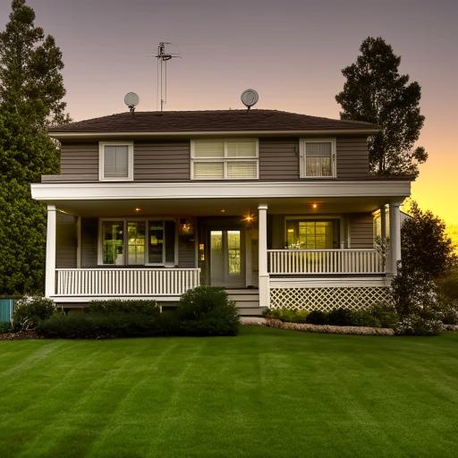 A cozy and inviting suburban family home bathed in the glow of a setting sun, with a beautifully manicured front lawn.