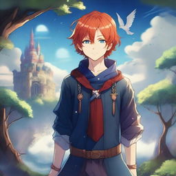 A fantasy anime boy with red hair featuring blue streaks