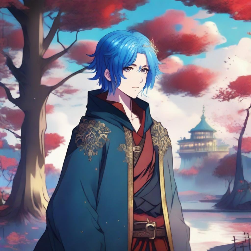 A fantasy anime boy with blue hair featuring red streaks