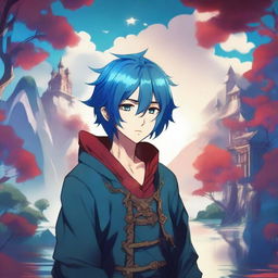 A fantasy anime boy with blue hair featuring red streaks