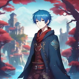 A fantasy anime boy with blue hair featuring red streaks