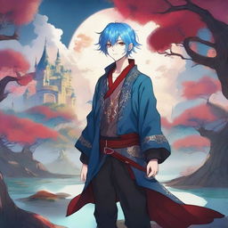 A fantasy anime boy with blue hair featuring red streaks