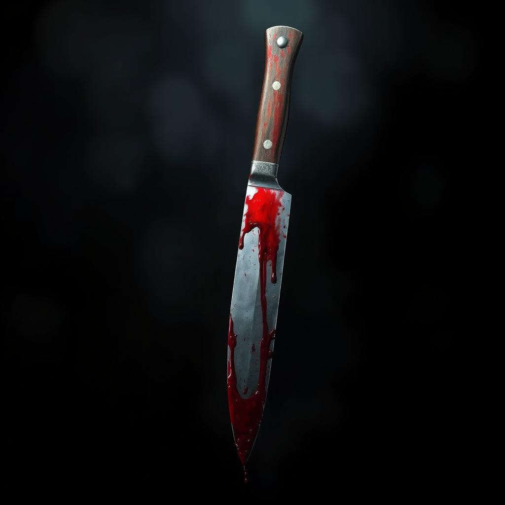 A sharp knife with blood dripping from it, set in a horror-themed environment