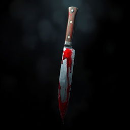 A sharp knife with blood dripping from it, set in a horror-themed environment