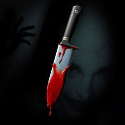 A sharp knife with blood dripping from it, set in a horror-themed environment