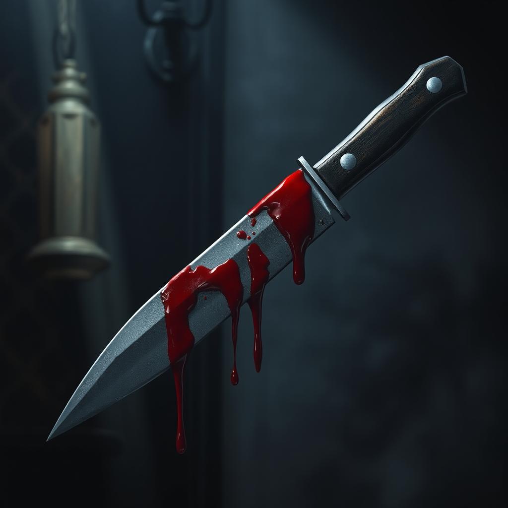 A sharp knife with blood dripping from it, set in a horror-themed environment