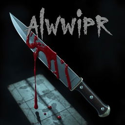 A sharp knife with blood dripping from it, set in a horror-themed environment