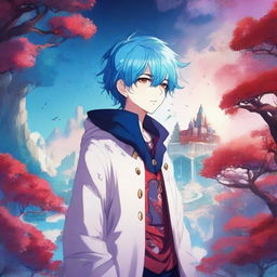 A fantasy anime boy with blue hair featuring red streaks, wearing a stylish white coat with intricate designs