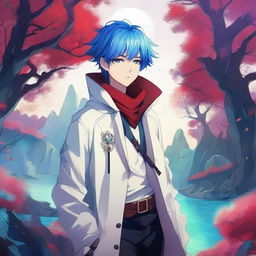 A fantasy anime boy with blue hair featuring red streaks, wearing a stylish white coat with intricate designs