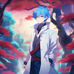 A fantasy anime boy with blue hair featuring red streaks, wearing a stylish white coat with intricate designs