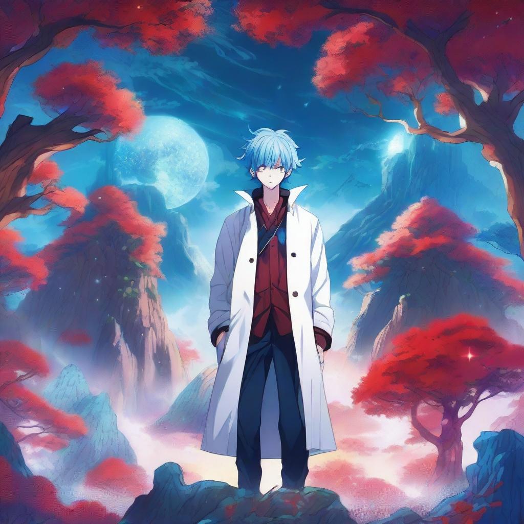 A fantasy anime boy with blue hair featuring red streaks, wearing a stylish white coat with intricate designs