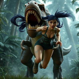 A highly detailed 3D image of a woman with long black twintails and red eyes running from a ferocious Tyrannosaurus rex