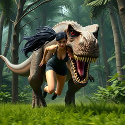 A highly detailed 3D image of a woman with long black twintails and red eyes running from a ferocious Tyrannosaurus rex