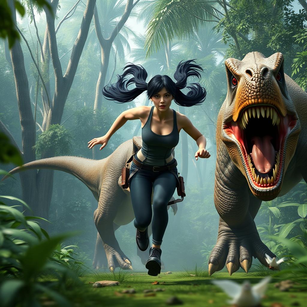 A highly detailed 3D image of a woman with long black twintails and red eyes running from a ferocious Tyrannosaurus rex