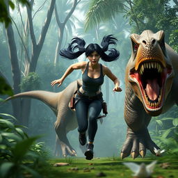 A highly detailed 3D image of a woman with long black twintails and red eyes running from a ferocious Tyrannosaurus rex