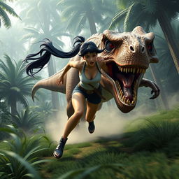 A highly detailed 3D image of a woman with long black twintails and red eyes running from a ferocious Tyrannosaurus rex