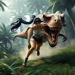 A highly detailed 3D image of a woman with long black twintails and red eyes running from a ferocious Tyrannosaurus rex