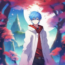 A fantasy anime boy with blue hair featuring red streaks, wearing a stylish white coat with intricate designs