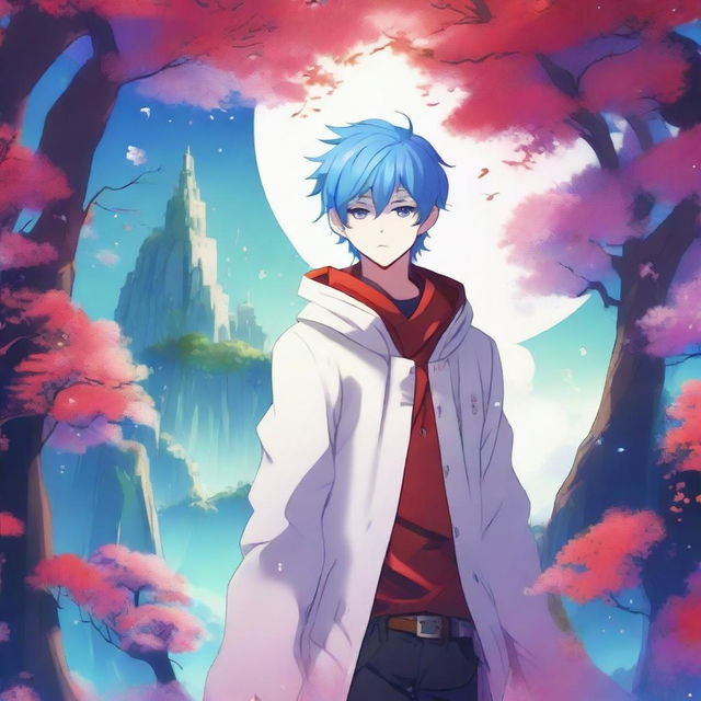 A fantasy anime boy with blue hair featuring red streaks, wearing a stylish white coat with intricate designs