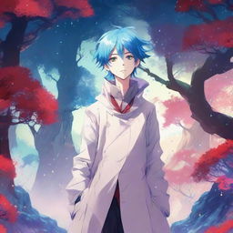 A fantasy anime boy with blue hair featuring red streaks, wearing a stylish white coat with intricate designs