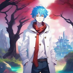 A fantasy anime boy with blue hair featuring red streaks, wearing a stylish white coat with intricate designs