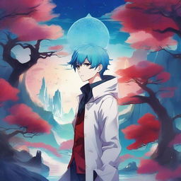 A fantasy anime boy with blue hair featuring red streaks, wearing a stylish white coat with intricate designs