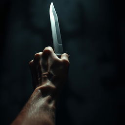 A hand holding a sharp knife in a horror-themed setting