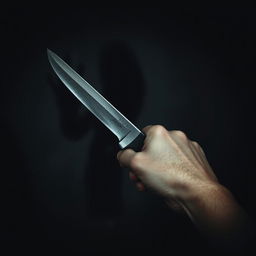 A hand holding a sharp knife in a horror-themed setting