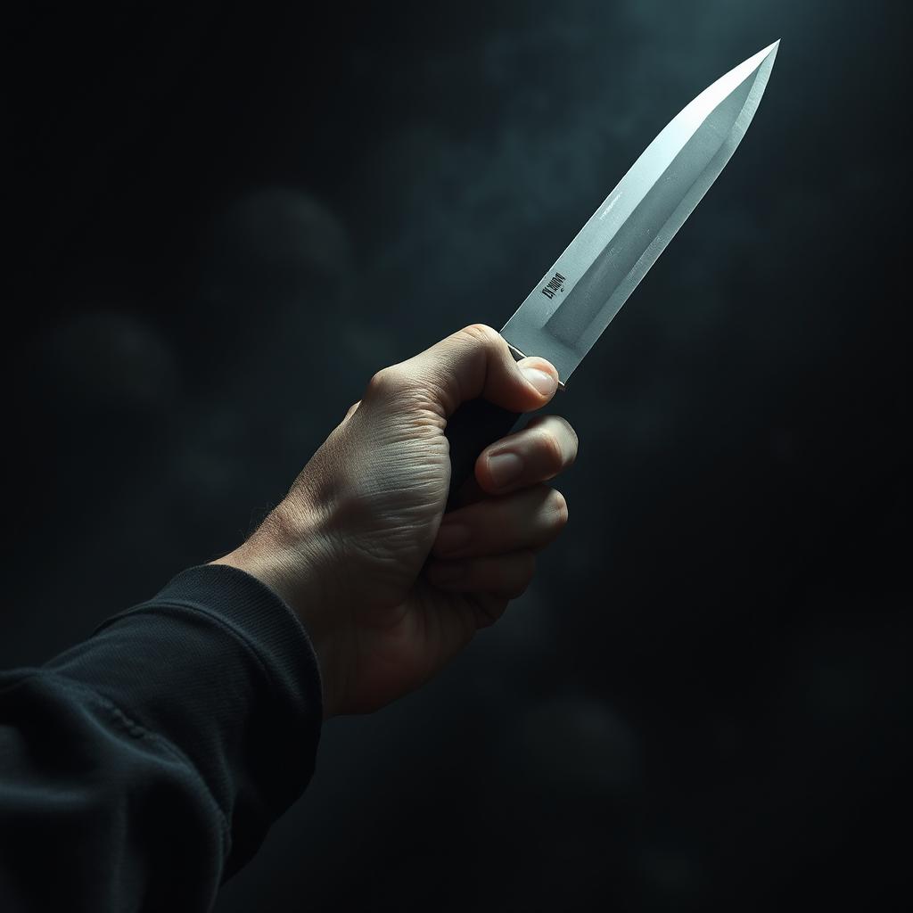 A hand holding a sharp knife in a horror-themed setting