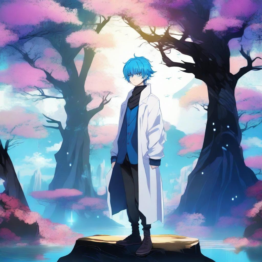 A fantasy anime boy with blue hair featuring black streaks, wearing a stylish white coat with intricate designs