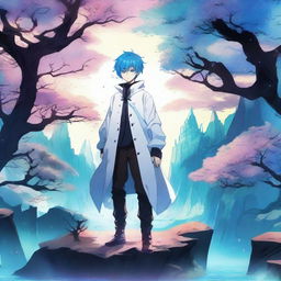 A fantasy anime boy with blue hair featuring black streaks, wearing a stylish white coat with intricate designs