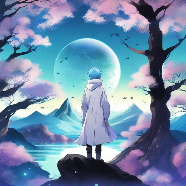 A fantasy anime boy with blue hair featuring black streaks, wearing a stylish white coat with intricate designs