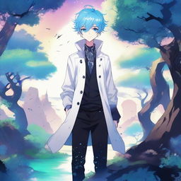 A fantasy anime boy with blue hair featuring black streaks, wearing a stylish white coat with intricate designs