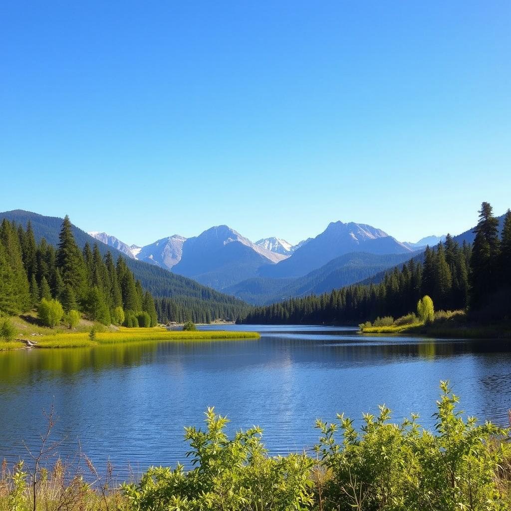 A beautiful landscape featuring a serene lake surrounded by lush green trees and majestic mountains in the background under a clear blue sky