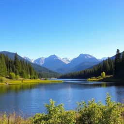 A beautiful landscape featuring a serene lake surrounded by lush green trees and majestic mountains in the background under a clear blue sky