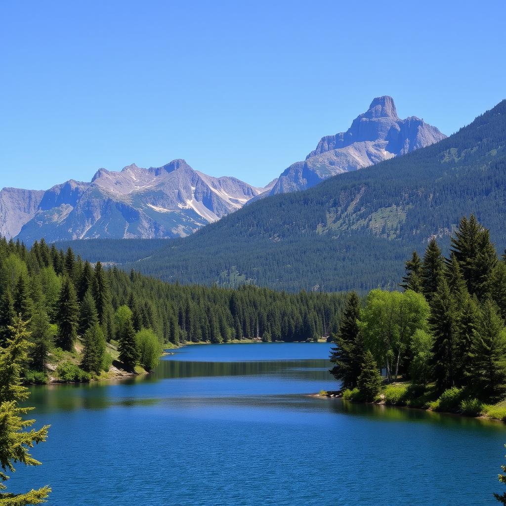 A beautiful landscape featuring a serene lake surrounded by lush green trees and majestic mountains in the background under a clear blue sky