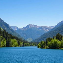 A beautiful landscape featuring a serene lake surrounded by lush green trees and majestic mountains in the background under a clear blue sky