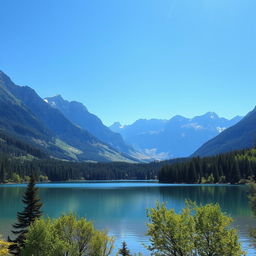 A beautiful landscape featuring a serene lake surrounded by lush green trees and majestic mountains in the background under a clear blue sky