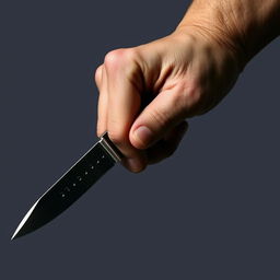 A hand holding a sharp knife pointed downward