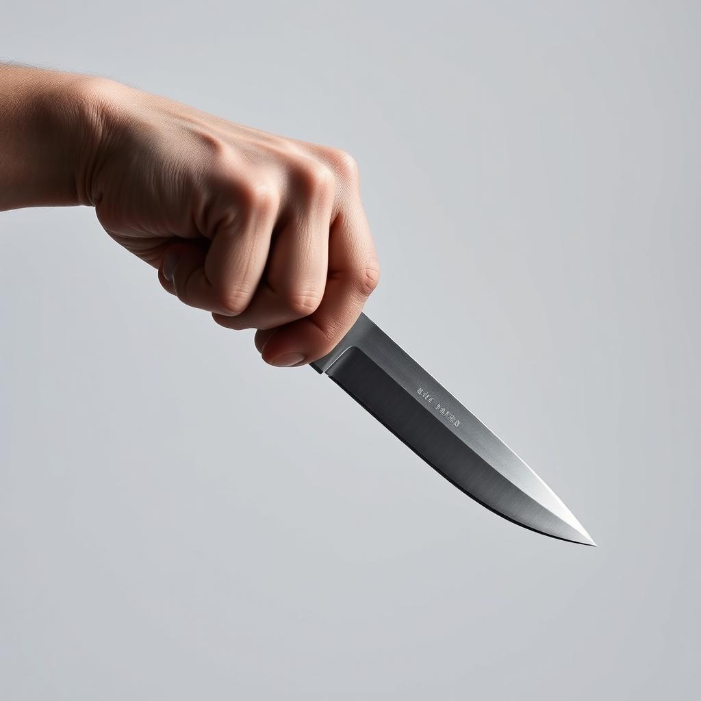 A hand holding a sharp knife pointed downward