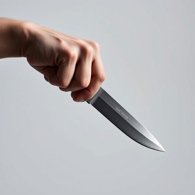 A hand holding a sharp knife pointed downward