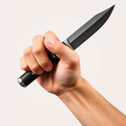 A hand holding a sharp knife pointed downward