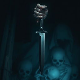 A hand holding a sharp knife pointed downward in a horror-themed setting